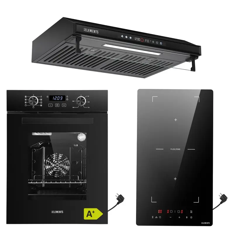 KB ELEMENTS Herdset 3-teilig – Einbaubackofen 45 cm A+ Plug & Play & Domino Induktionskochfeld 30 cm & Dunstabzugshaube 60 cm | Schwarz