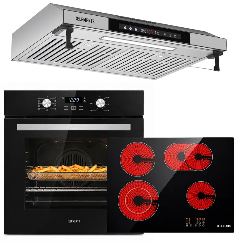 KB ELEMENTS Herdset 3-teilig – Einbaubackofen 60 cm A+ & Glaskeramikkochfeld 60 cm & Dunstabzugshaube 60 cm | Schwarz Silber