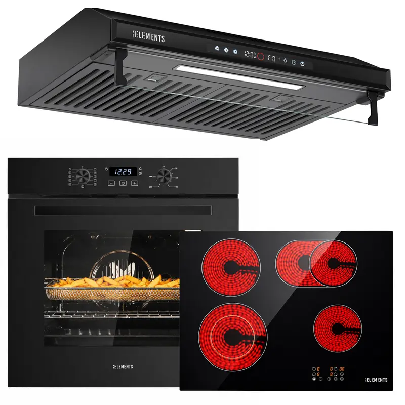 KB ELEMENTS Herdset 3-teilig – Einbaubackofen 60 cm A+ & Glaskeramikkochfeld 60 cm & Dunstabzugshaube 60 cm | Schwarz