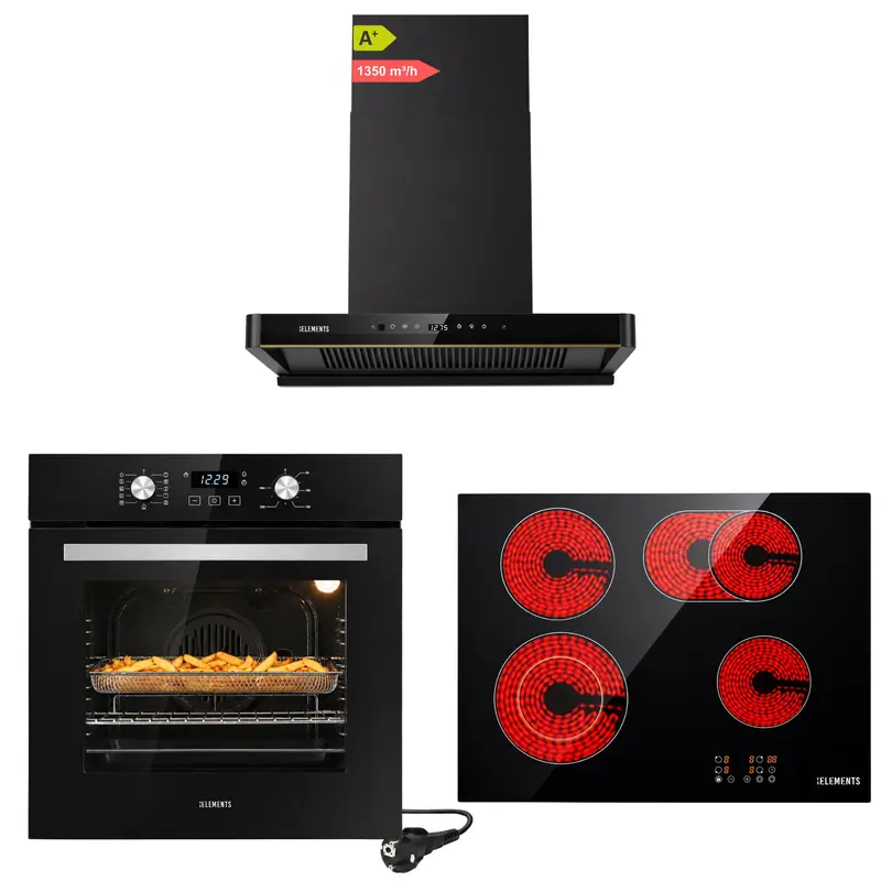 KB ELEMENTS Herdset 3-teilig – Einbaubackofen 60 cm A+ & Glaskeramikkochfeld 60 cm & Kopffreihaube 60 cm | Schwarz Silber
