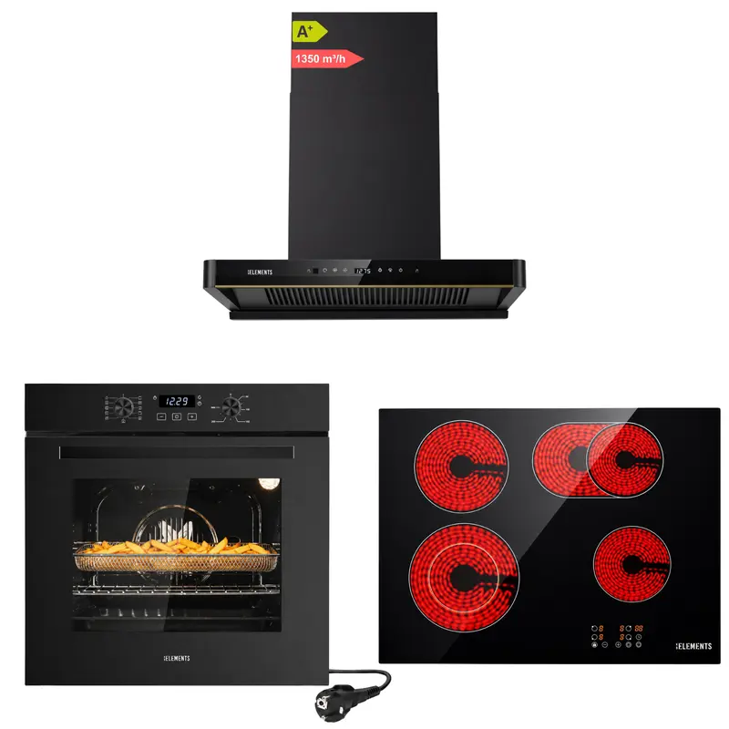 KB ELEMENTS Herdset 3-teilig – Einbaubackofen 60 cm A+ & Glaskeramikkochfeld 60 cm & Kopffreihaube 60 cm | Schwarz