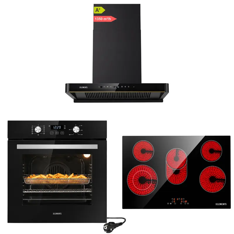KB ELEMENTS Herdset 3-teilig – Einbaubackofen 60 cm A+ & Glaskeramikkochfeld 77 cm 5 Zonen & Kopffreihaube 80 cm | Schwarz Silber