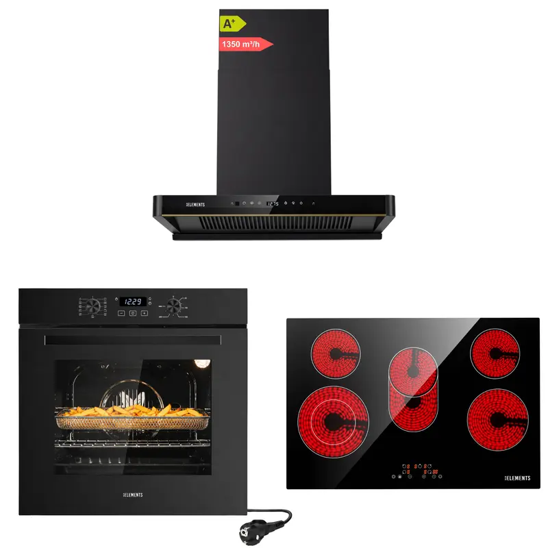 KB ELEMENTS Herdset 3-teilig – Einbaubackofen 60 cm A+ & Glaskeramikkochfeld 77 cm 5 Zonen & Kopffreihaube 80 cm | Schwarz