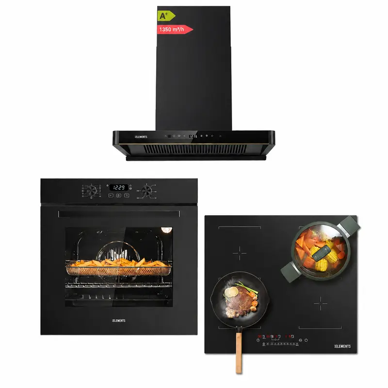 KB ELEMENTS Herdset 3-teilig – Einbaubackofen 60 cm A+ & Induktionskochfeld 60 cm AntiScratch 2 Flexzonen & Dunstabzugshaube 60 cm Kopffrei | Schwarz