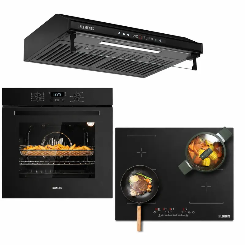 KB ELEMENTS Herdset 3-teilig – Einbaubackofen 60 cm A+ & Induktionskochfeld 60 cm AntiScratch 2 Flexzonen & Dunstabzugshaube 60 cm | Schwarz