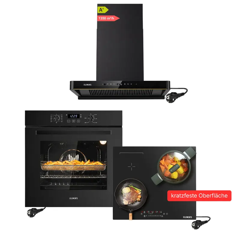 KB ELEMENTS Herdset 3-teilig – Einbaubackofen 60 cm A+ & Induktionskochfeld 60 cm AntiScratch Schuko & Dunstabzugshaube 60 cm Kopffrei | Schwarz
