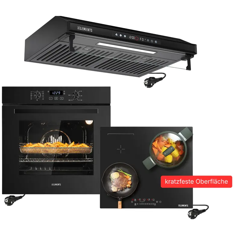 KB ELEMENTS Herdset 3-teilig – Einbaubackofen 60 cm A+ & Induktionskochfeld 60 cm AntiScratch Schuko & Dunstabzugshaube 60 cm | Schwarz