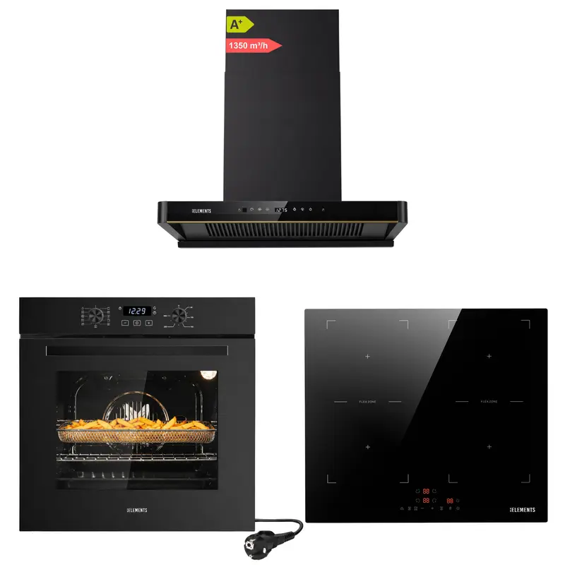 KB ELEMENTS Herdset 3-teilig – Einbaubackofen 60 cm A+ & Induktionskochfeld 60 cm & Dunstabzugshaube 60 cm Kopffrei | Schwarz