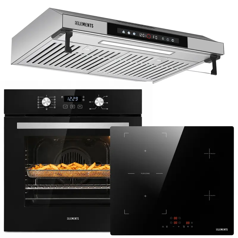 KB ELEMENTS Herdset 3-teilig – Einbaubackofen 60 cm A+ & Induktionskochfeld 60 cm & Dunstabzugshaube 60 cm | Schwarz Silber