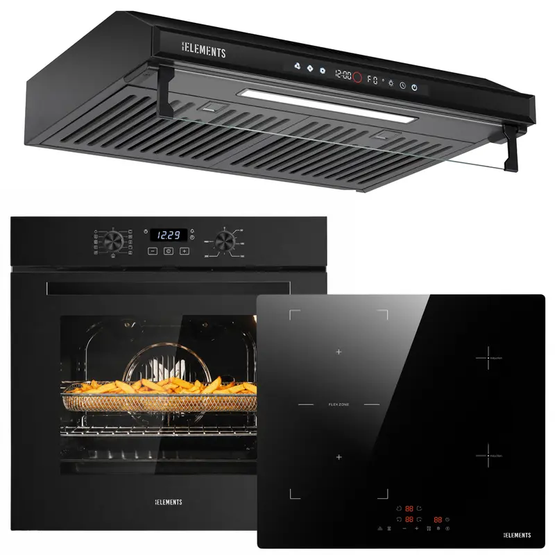 KB ELEMENTS Herdset 3-teilig – Einbaubackofen 60 cm A+ & Induktionskochfeld 60 cm & Dunstabzugshaube 60 cm | Schwarz