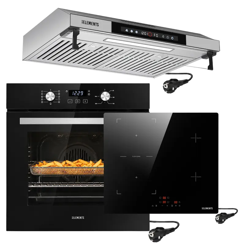 KB ELEMENTS Herdset 3-teilig – Einbaubackofen 60 cm A+ & Induktionskochfeld 60 cm Plug & Play & Dunstabzugshaube 60 cm | Schwarz Silber