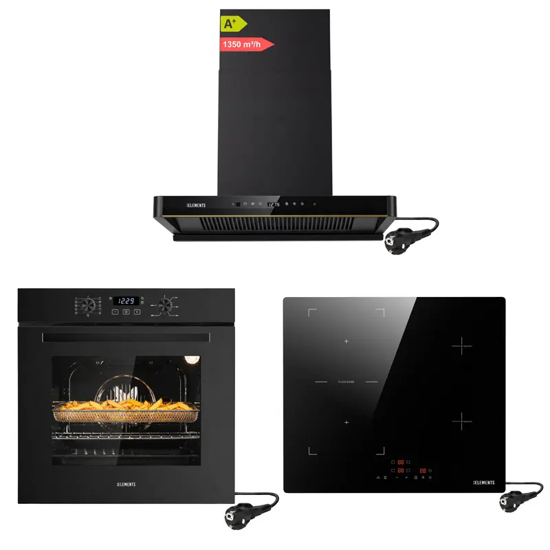 KB ELEMENTS Herdset 3-teilig – Einbaubackofen 60 cm A+ & Induktionskochfeld 60 cm Schuko & Dunstabzugshaube 60 cm Kopffrei | Schwarz
