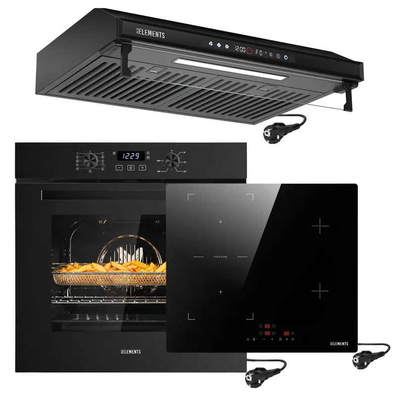 KB ELEMENTS Herdset 3-teilig – Einbaubackofen 60 cm A+ & Induktionskochfeld 60 cm Schuko & Dunstabzugshaube 60 cm | Schwarz