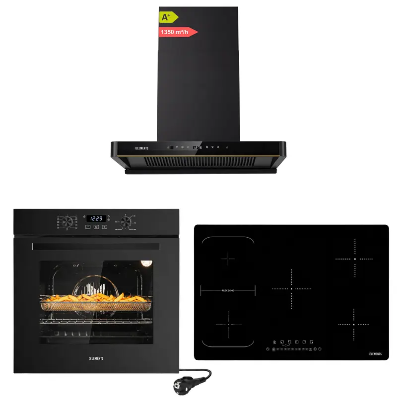 KB ELEMENTS Herdset 3-teilig – Einbaubackofen 60 cm A+ & Induktionskochfeld 77 cm 5 Zonen & Kopffreihaube 80 cm | Schwarz