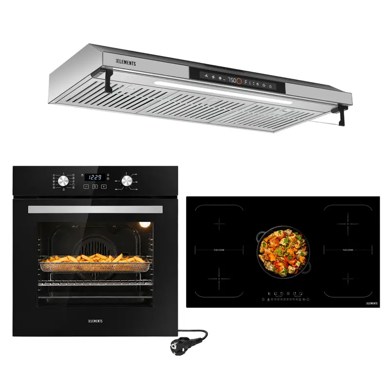 KB ELEMENTS Herdset 3-teilig – Einbaubackofen 60 cm A+ & Induktionskochfeld 90 cm 5 Zonen & Dunstabzugshaube 90 cm | Schwarz Silber