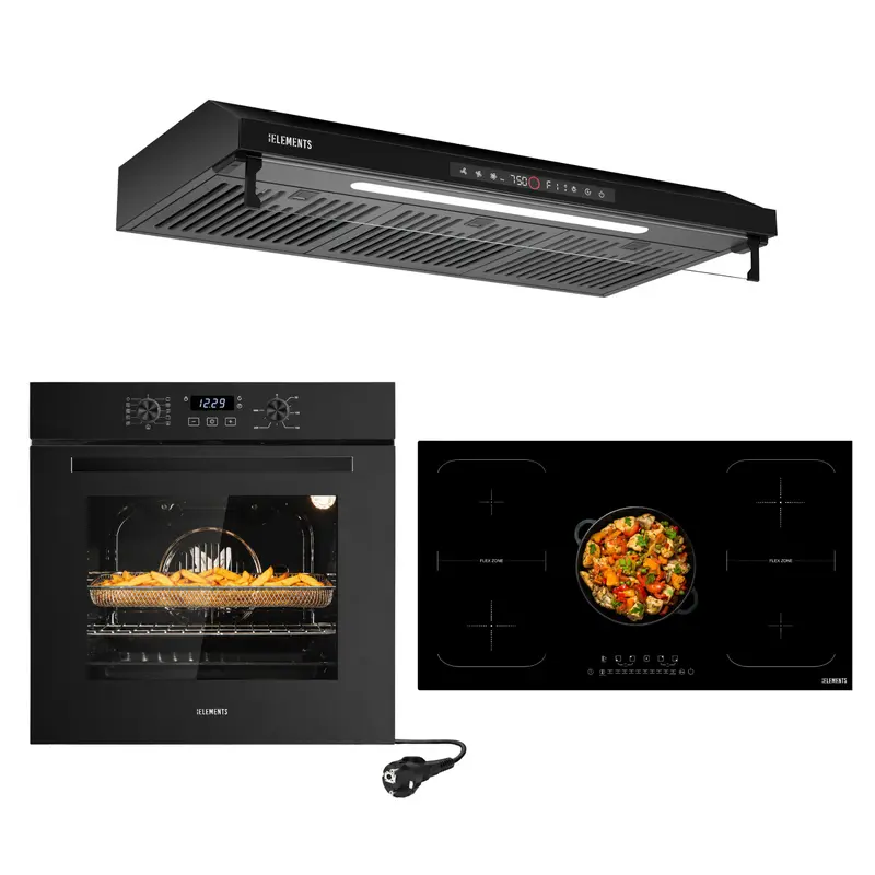 KB ELEMENTS Herdset 3-teilig – Einbaubackofen 60 cm A+ & Induktionskochfeld 90 cm 5 Zonen & Dunstabzugshaube 90 cm | Schwarz