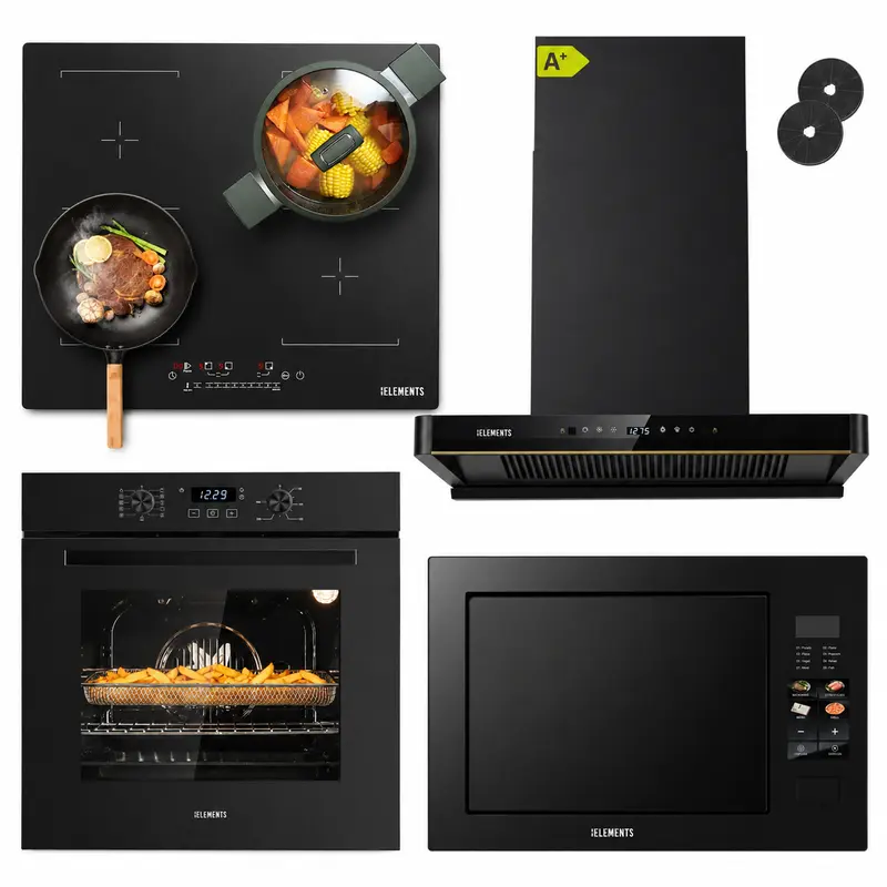 KB ELEMENTS Herdset 4-teilig – Einbaubackofen 60 cm A+ & AntiScratch Induktionskochfeld 60 cm & Kopffreihaube 60 cm & Einbau-Mikrowelle 25 L | Schwarz