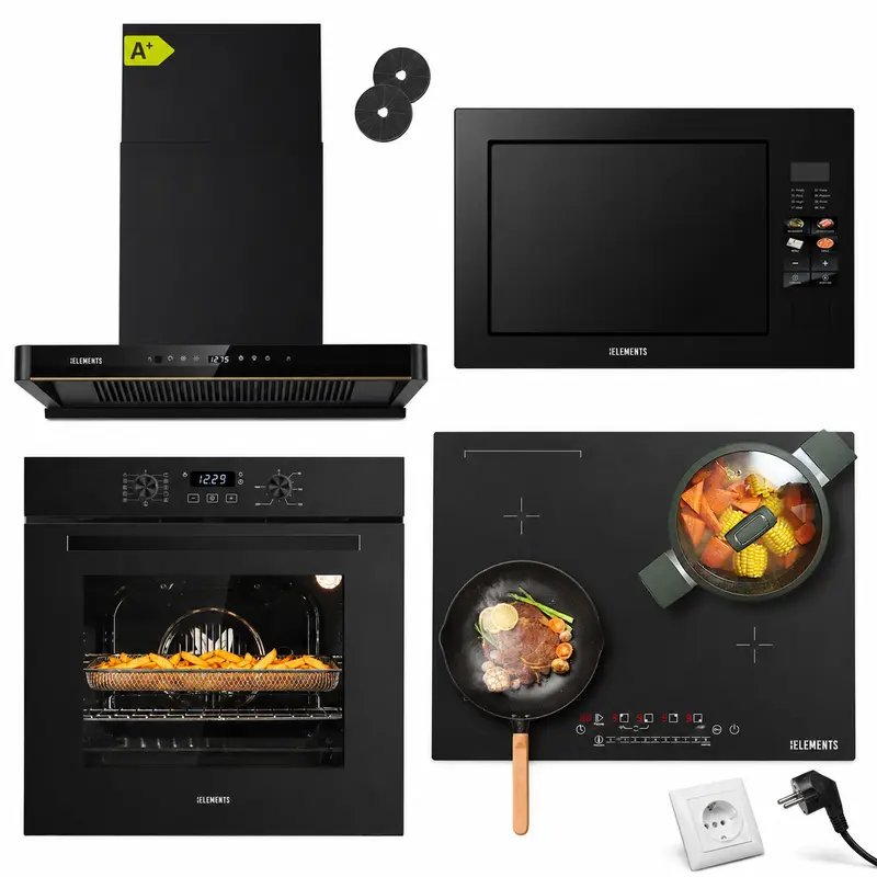 KB ELEMENTS Herdset 4-teilig – Einbaubackofen 60 cm A+ & AntiScratch Induktionskochfeld Plug & Play & Kopffreihaube 60 cm & Einbau-Mikrowelle 25 L | Schwarz