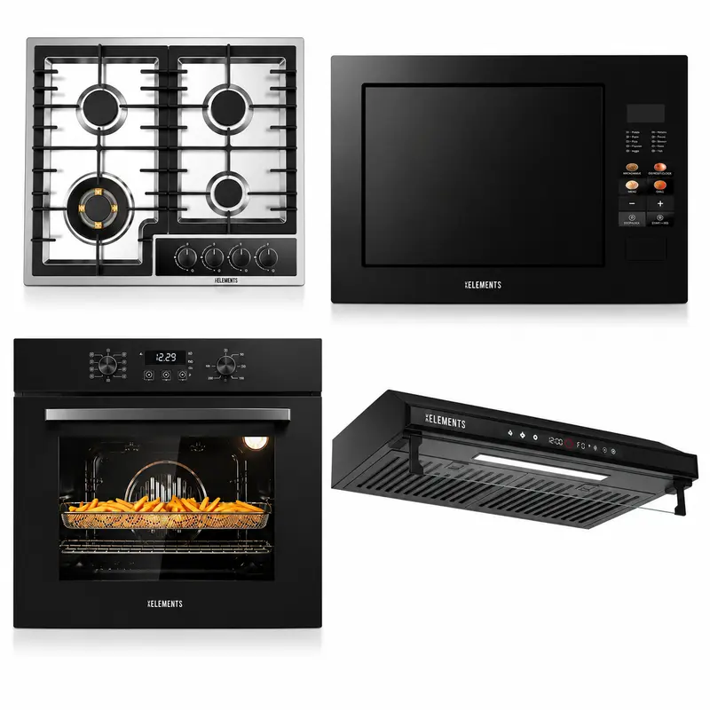 KB ELEMENTS Herdset 4-teilig – Einbaubackofen 60 cm A+ & Gaskochfeld 60 cm 4 Brenner & Dunstabzugshaube 60 cm & Einbau-Mikrowelle 25 L