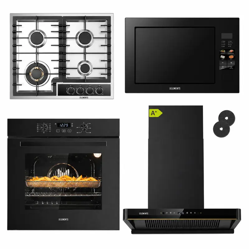 KB ELEMENTS Herdset 4-teilig – Einbaubackofen 60 cm A+ & Gaskochfeld 60 cm 4 Brenner & Kopffreihaube 60 cm & Einbau-Mikrowelle 25 L