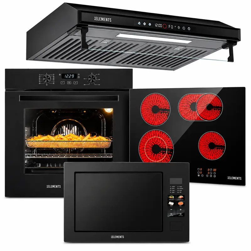 KB ELEMENTS Herdset 4-teilig – Einbaubackofen 60 cm A+ & Glaskeramikkochfeld 60 cm & Dunstabzugshaube 60 cm & Einbau-Mikrowelle 25 L | Schwarz