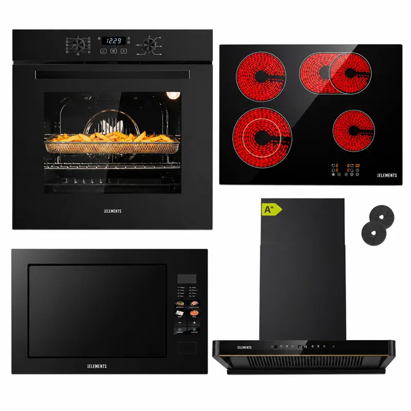 KB ELEMENTS Herdset 4-teilig – Einbaubackofen 60 cm A+ & Glaskeramikkochfeld 60 cm & Kopffreihaube 60 cm & Einbau-Mikrowelle 25 L | Schwarz