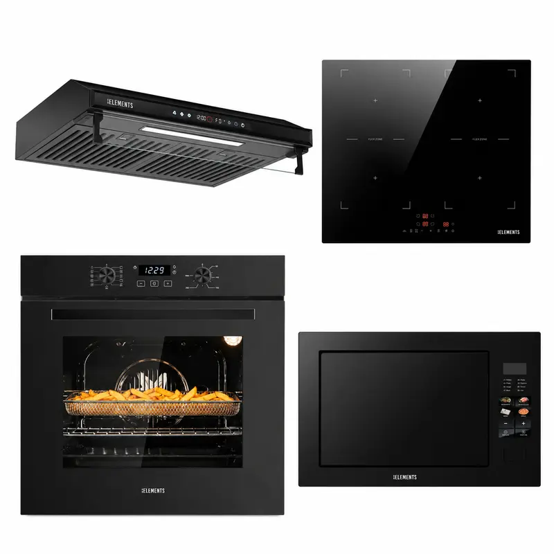 KB ELEMENTS Herdset 4-teilig – Einbaubackofen 60 cm A+ & Induktionskochfeld 60 cm & Dunstabzugshaube 60 cm & Einbau-Mikrowelle 25 L | Schwarz