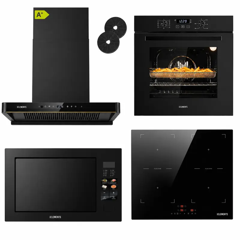KB ELEMENTS Herdset 4-teilig – Einbaubackofen 60 cm A+ & Induktionskochfeld 60 cm & Kopffreihaube 60 cm & Einbau-Mikrowelle 25 L | Schwarz