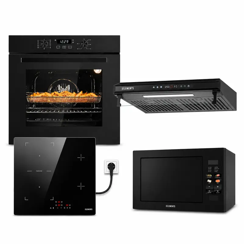 KB ELEMENTS Herdset 4-teilig – Einbaubackofen 60 cm A+ & Induktionskochfeld Plug & Play & Dunstabzugshaube 60 cm & Einbau-Mikrowelle 25 L | Schwarz