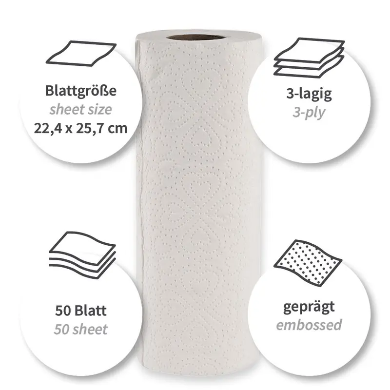 Küchenrollen, 3-lagig / Zellulose, Karton mit 32 Rollen á 50 Blatt