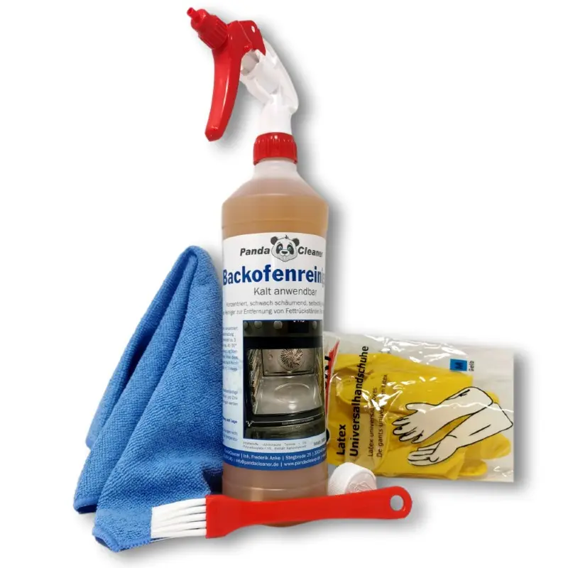 PandaCleaner Backofenreiniger + Grillrost Spray 1000ml - Set Inkl. Handschuhe, Pinsel & Reinigungstuch