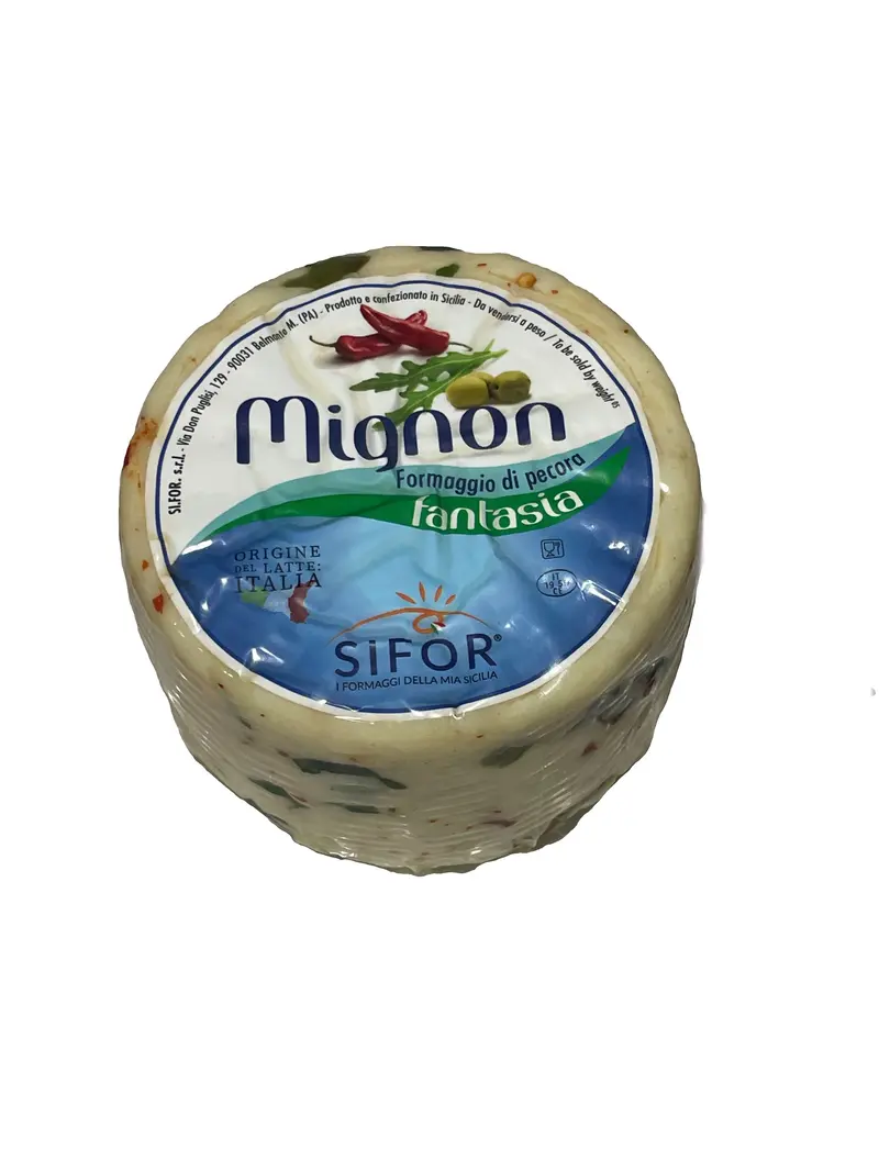 Pecorino Primo Sale Fantasia – Mignon - milder Schafskäse mit Rucola, Chili und Oliven