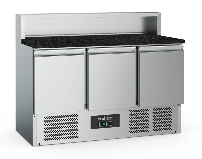 Pizzatisch 3 Türen 8x1/6GN Behälter Schwarze Granit-Arbeitsplatte - 1365x700x1075 mm - 0.24 kW