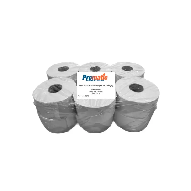 PROMATIC Mini Jumbo Toilettenpapier 3-lagig 120 m 12 Rollen – für Leihspender