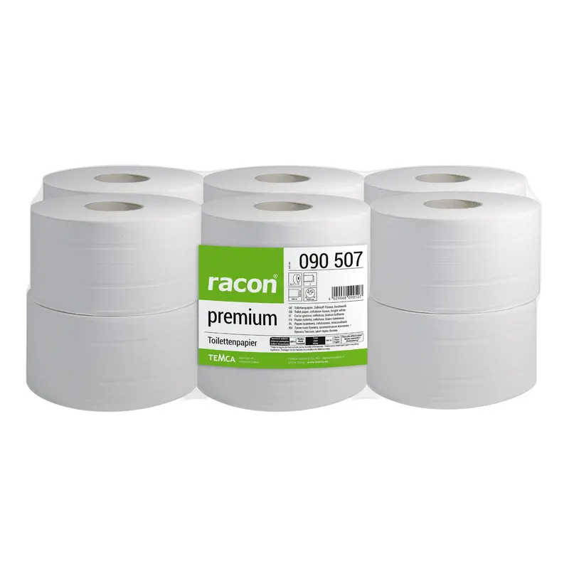RACON PREMIUM TOILETTENPAPIER 12 Rollen JUMBO 9,5 cm x 180 m Zellstoff-Tissue,hochweiss,2-lg