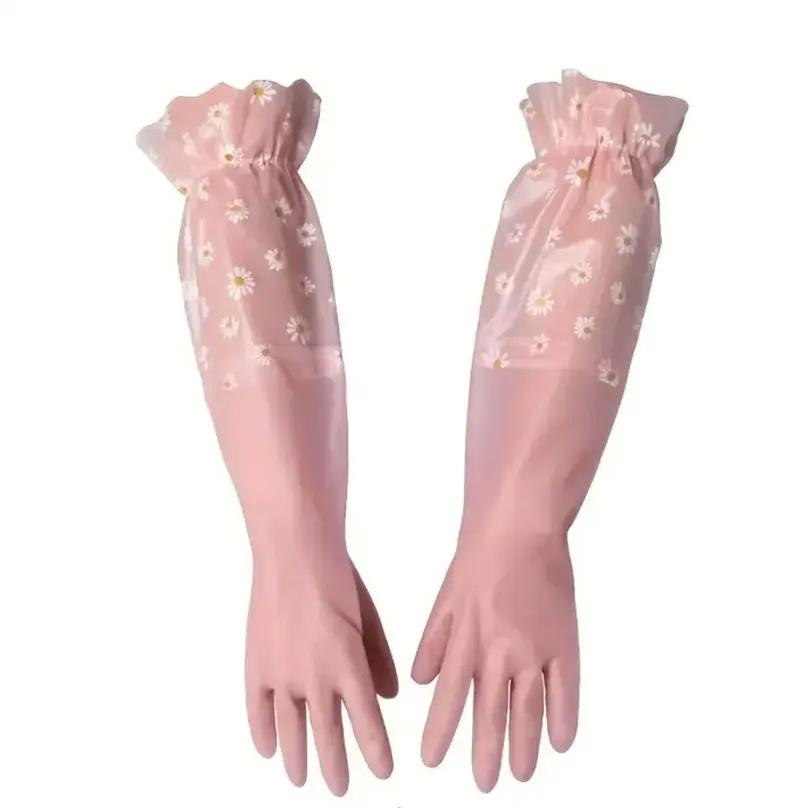 Roze Huishoudhandschoenen met Lange Mouwen – Waterdichte Schoonmaakhandschoenen – Afwashandschoenen met Bloemenprint voor Schoonmaken & Afwassen