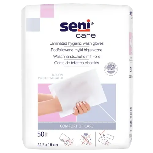 Seni Care Einmal-Waschhandschuhe foliert – Zellstoff mit Folienbeschichtung