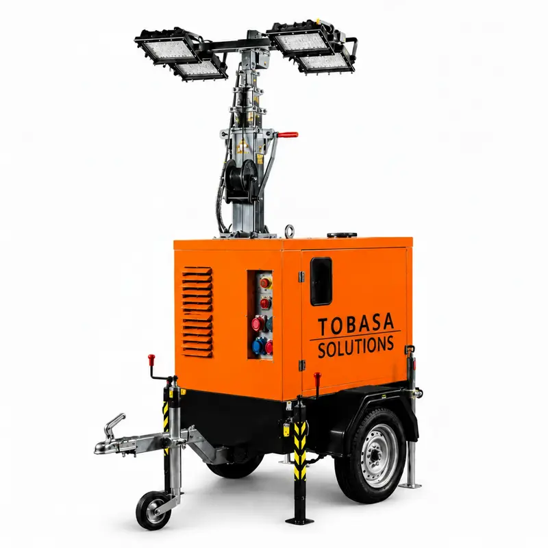 Tobasa ALPHA LED-Lichtmast 7,6 m – 4×320 W, 255.000 Lumen, Stage V Diesel, Straßenanhänger, 145 h Autonomie