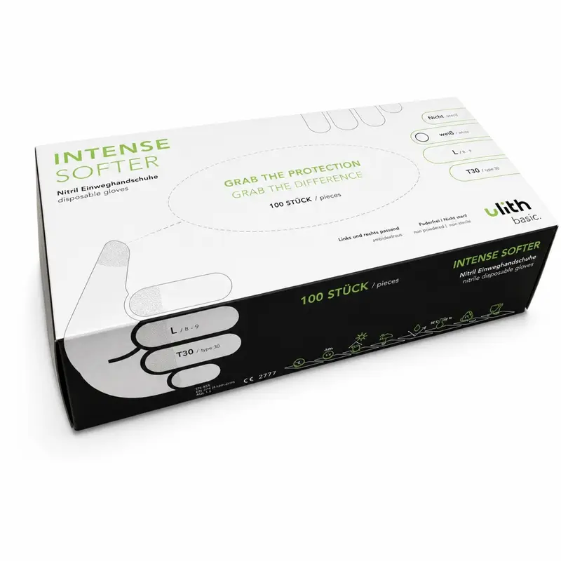 ULITH INTENSE SOFTER Nitril Einweghandschuhe 100 Stück – puderfrei, weiß/schwarz, S bis XL